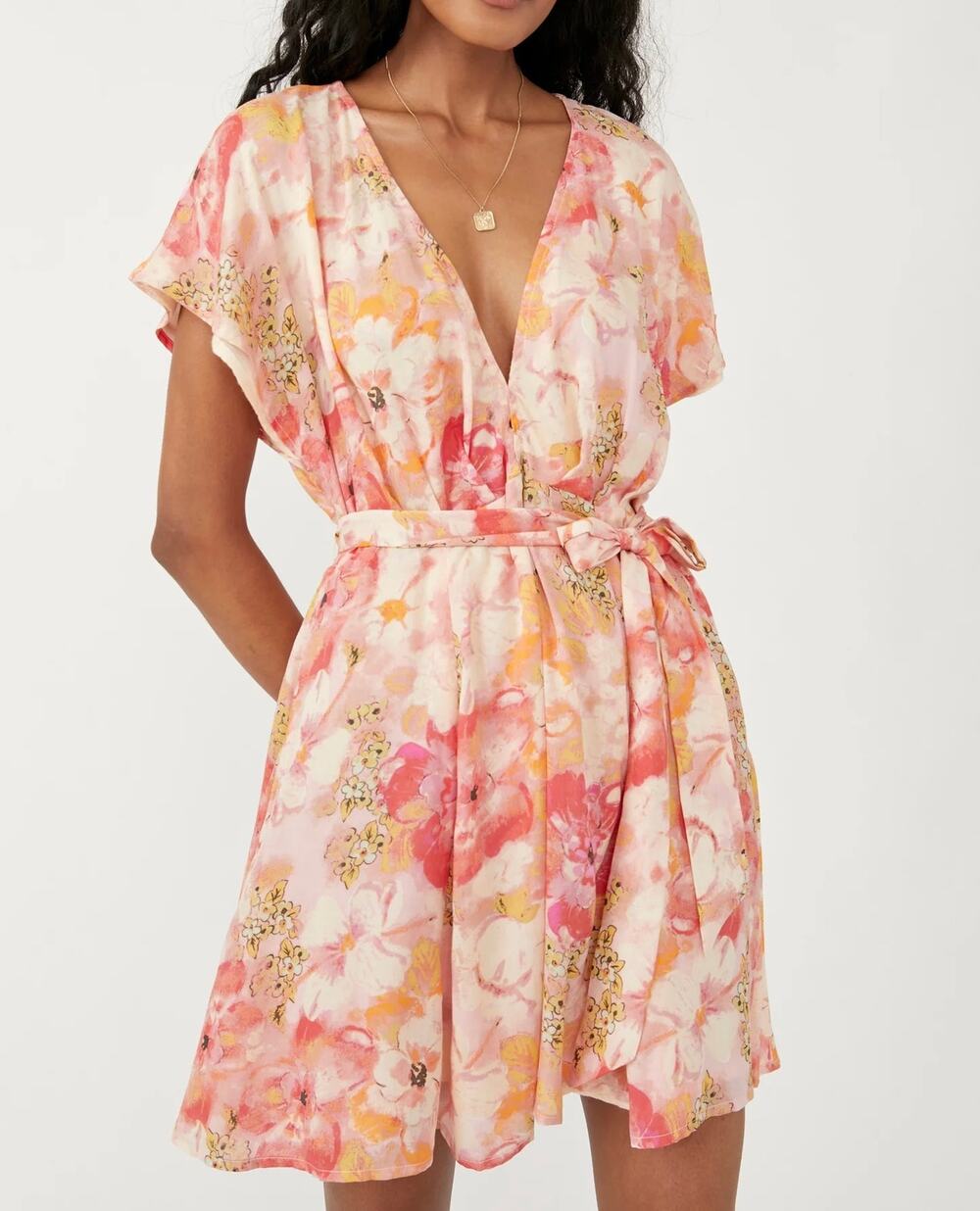 FREE PEOPLE Freddy Floral Tie Waist Mini Dress Pink Orange Small S
